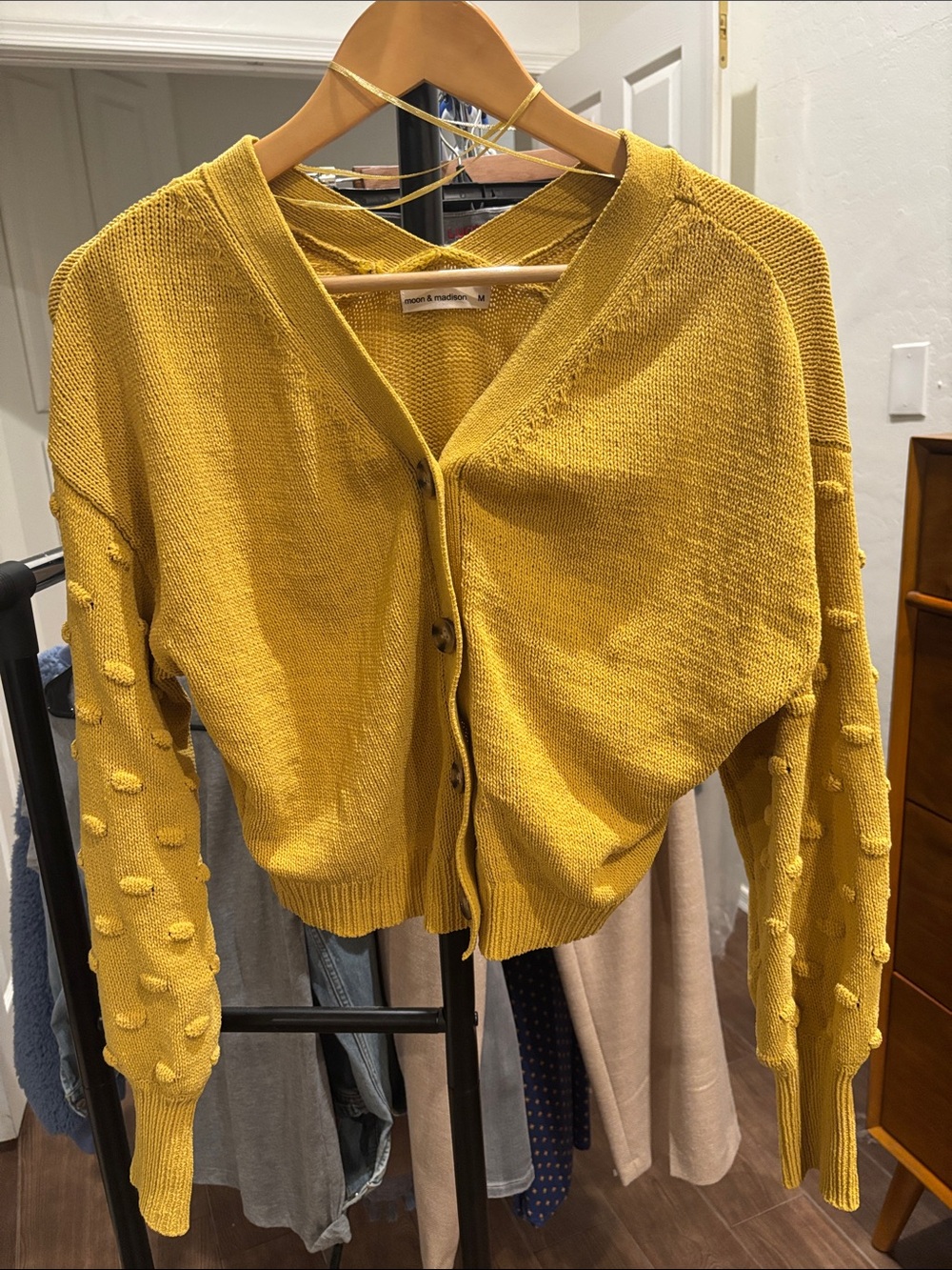 NWOT moon & madison Mustard Yellow Pom-Detail V-Neck Cardigan Size M